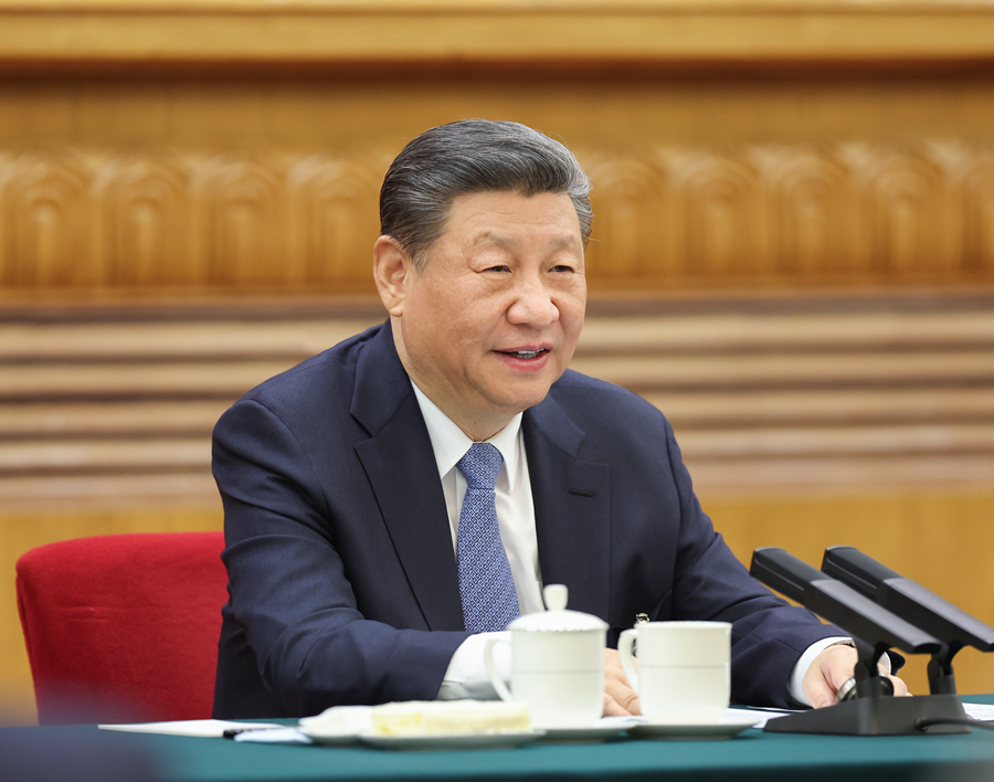 3月5日，中共中央總書記、國家主席、中央軍委主席習近平參加他所在的十四屆全國人大二次會議江蘇代表團審議。新華社記者 鞠鵬 攝